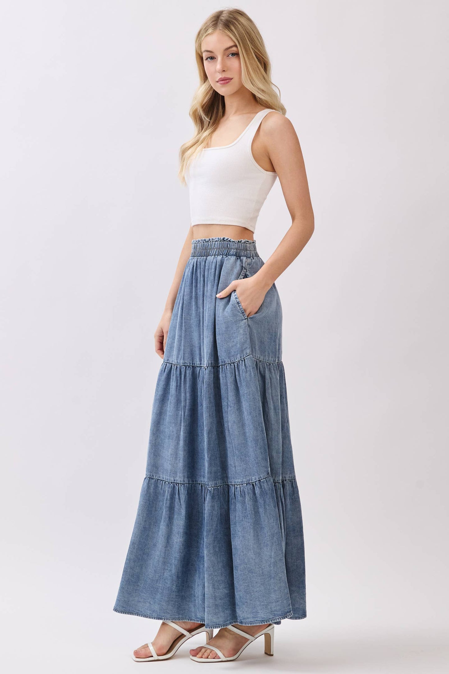 Washed Denim Tiered Maxi Skirt