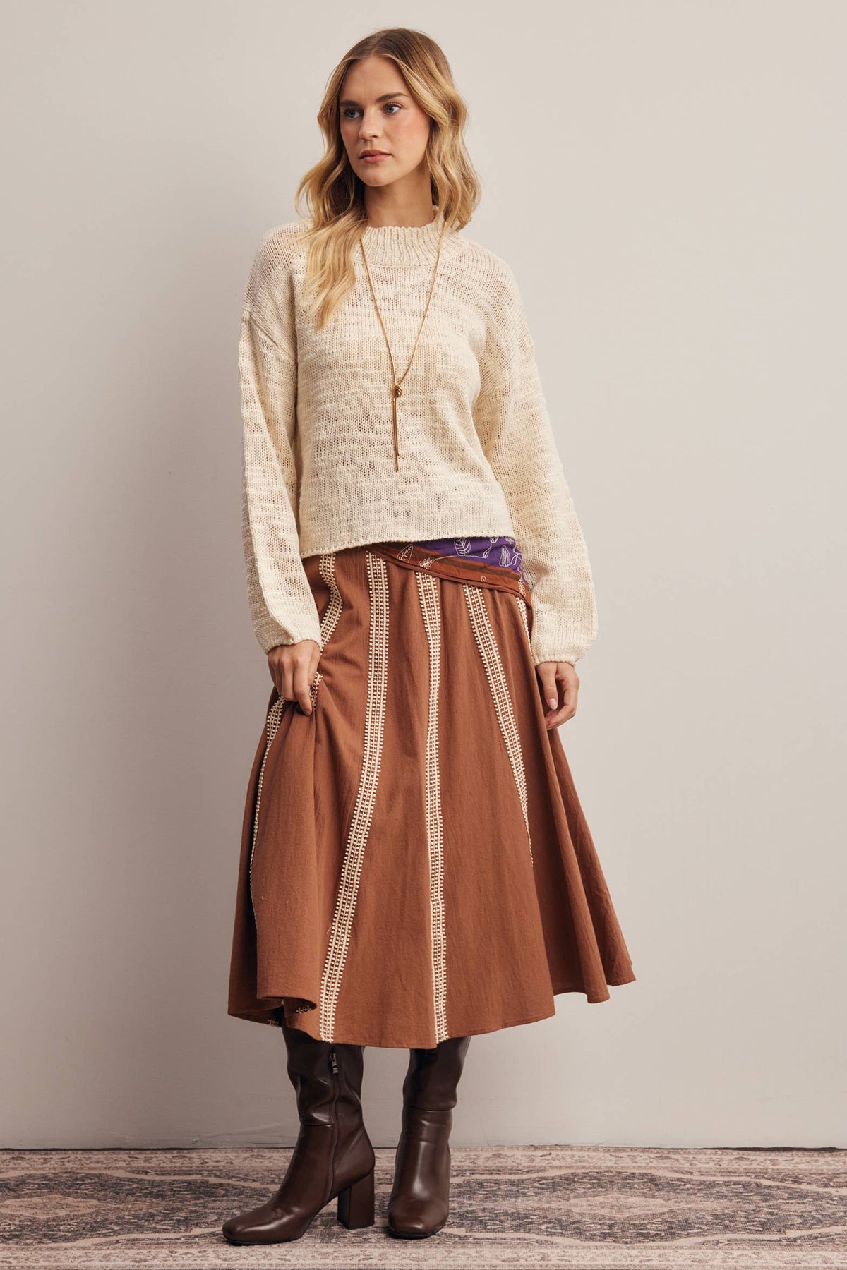 Embroidered Stripe Midi Skirt