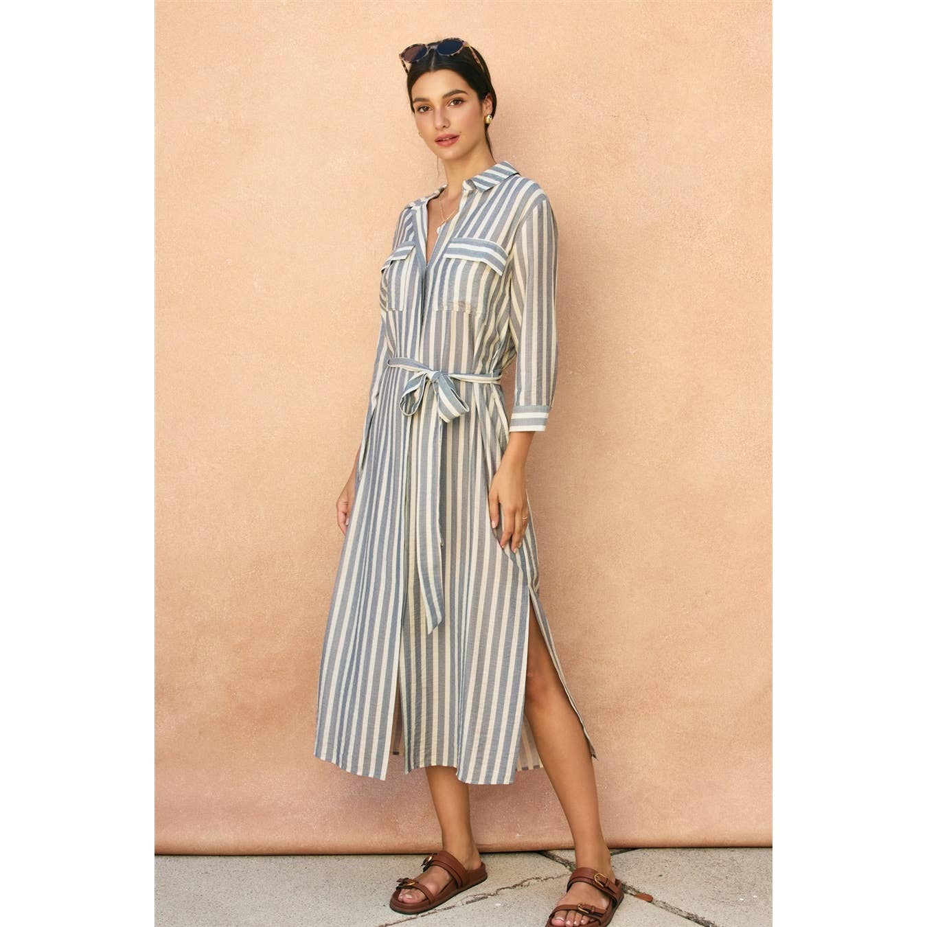 Saltwater Stripe Belted Maxi Shirt Dress 