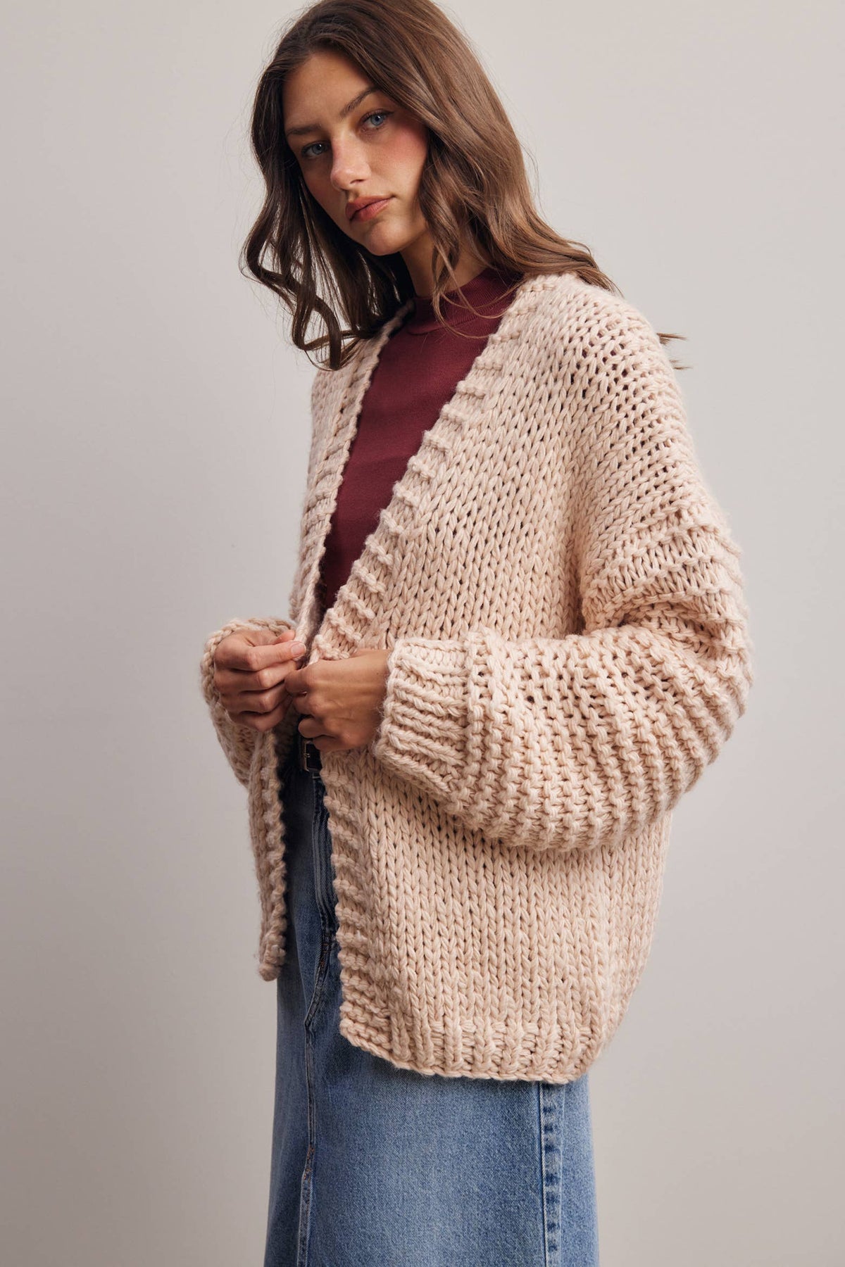 Chunky Knit Heart Back Cardigan in Blush