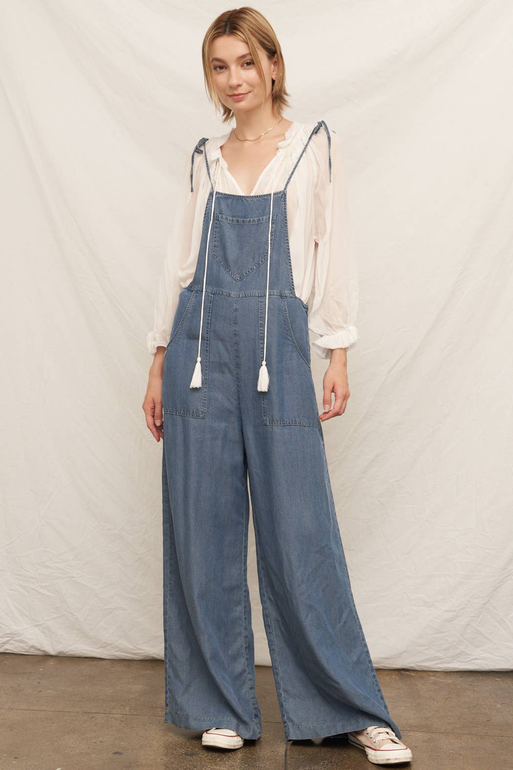 Tie Shoulder Soft Denim Jumpsuit
