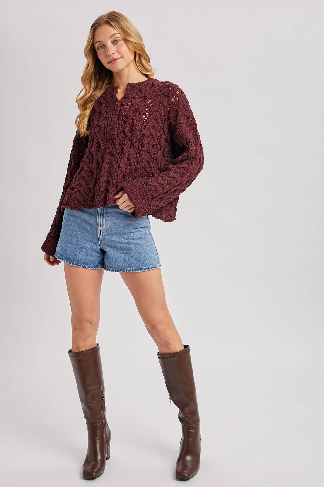 Wine Half Button Down Sweater