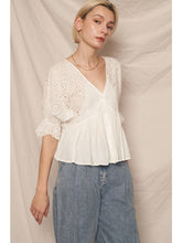 Load image into Gallery viewer, Puff Sleeve V-Neck Eyelet Blouse 
