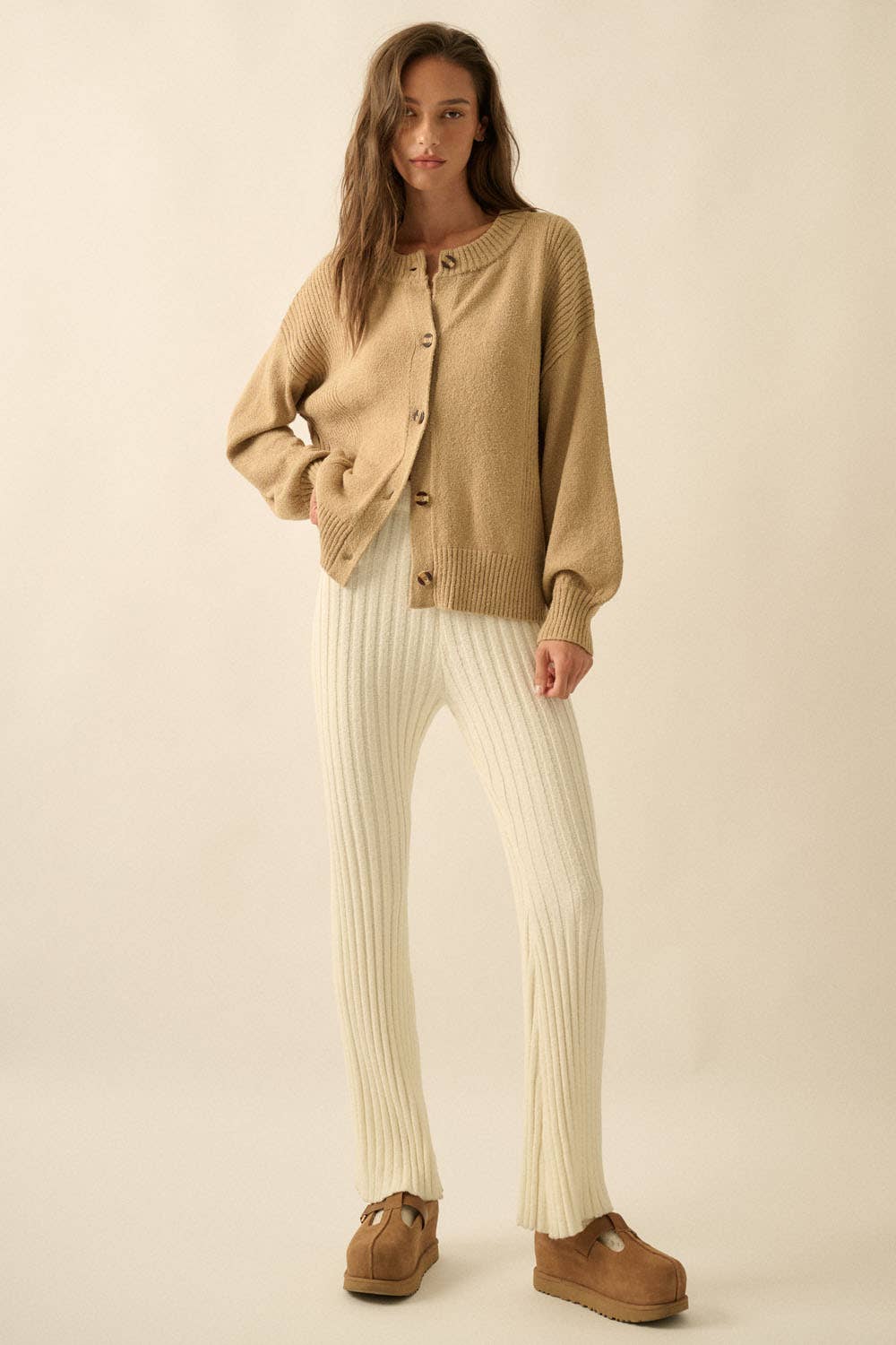 Textured Knit Button-Front Loose-Fit Cardigan