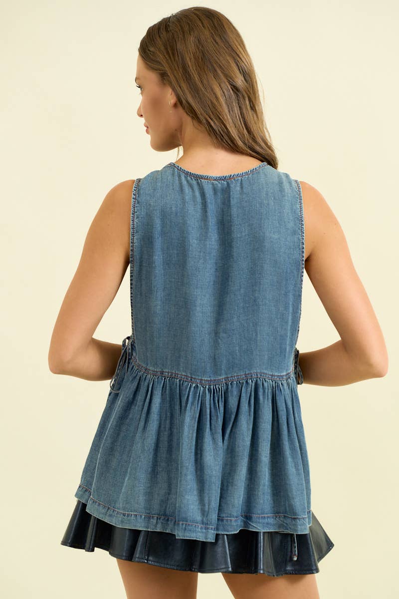 Sleeveless Side Tie Denim Peplum Top