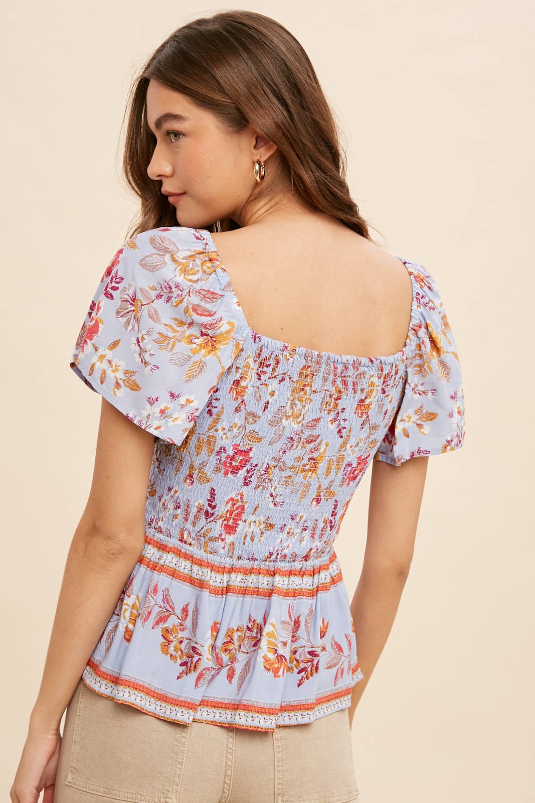 Border Print Smocked Peasant Top