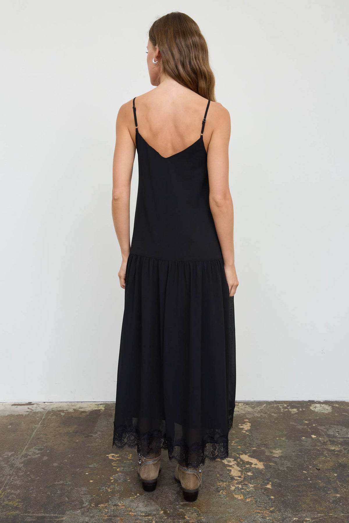 Drop Waist Lace Trim Midi Dress