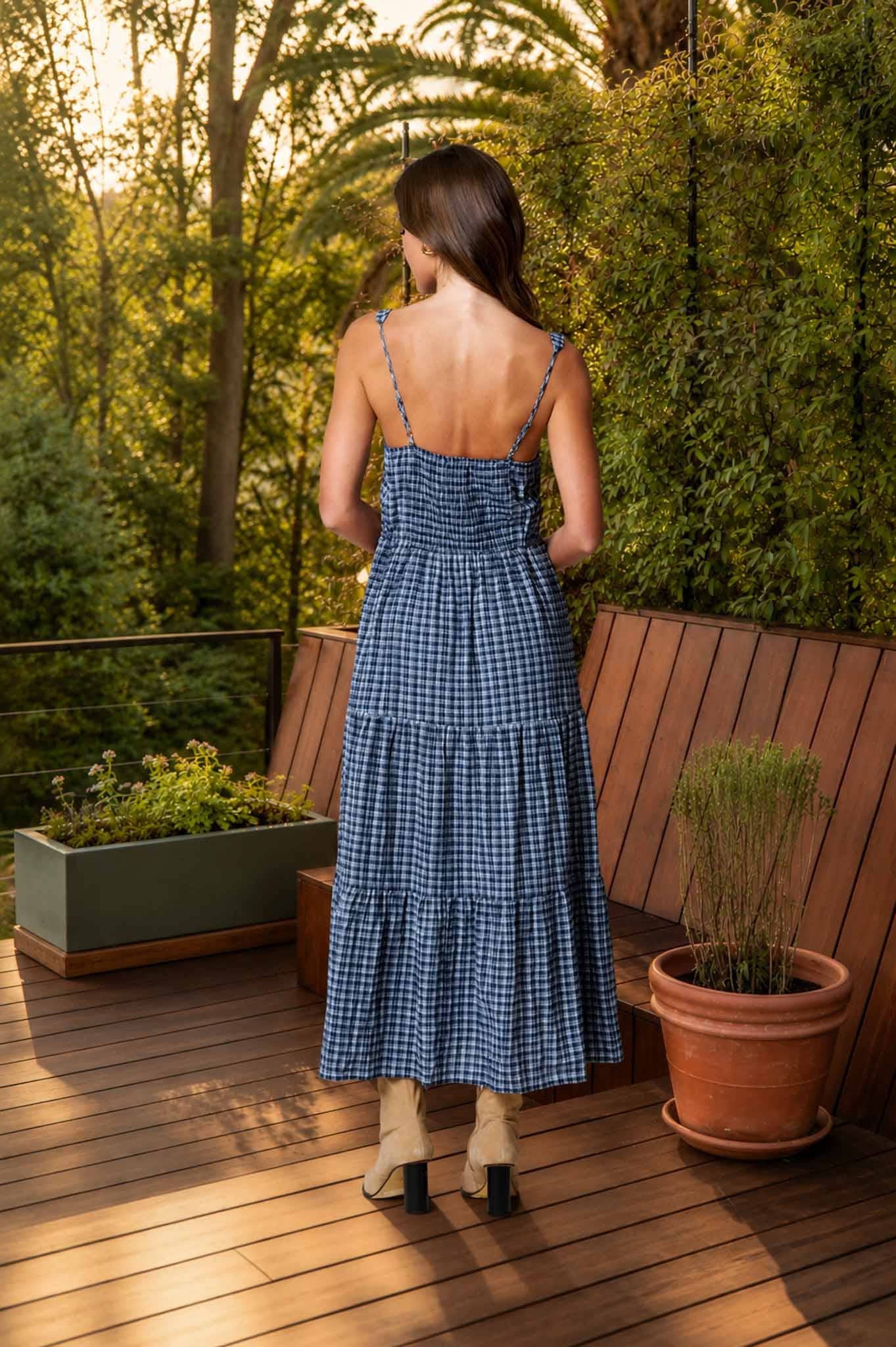 Navy Plaid Corset Tiered Midi Dress