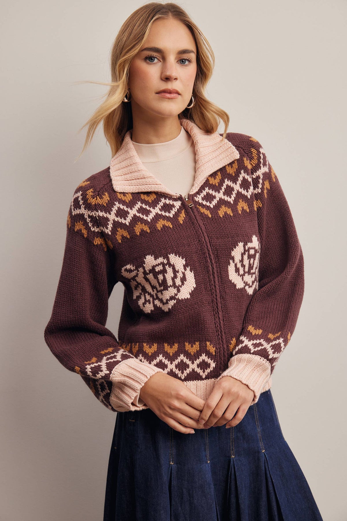 Floral Fair Isle Zip-Up Knit Cardigan