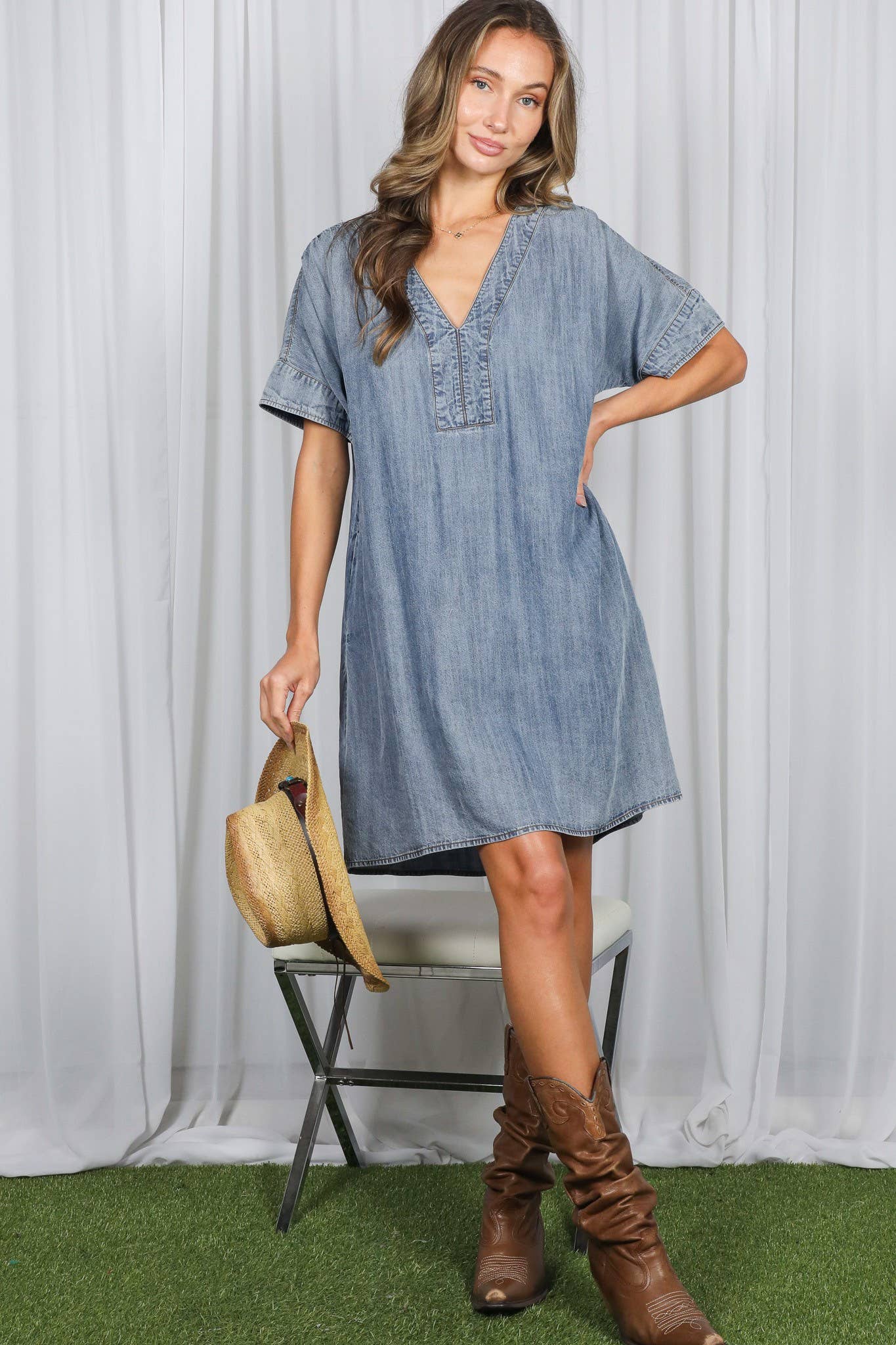 V-Neck Chambray Casual Loose Denim Dress