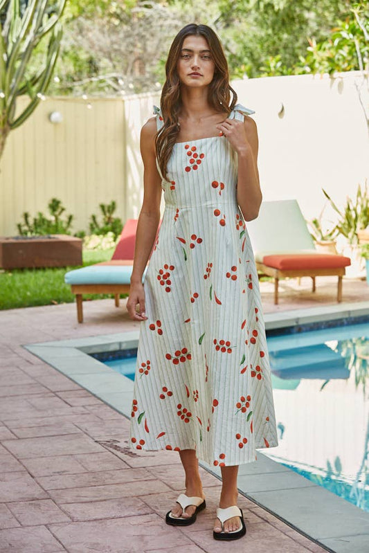 Woven Cotton Striped Veggie Print Sleeveless Maxi
