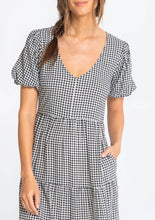 Load image into Gallery viewer, Gingham Puff Sleeve Open Back Tiered Midi Dress

