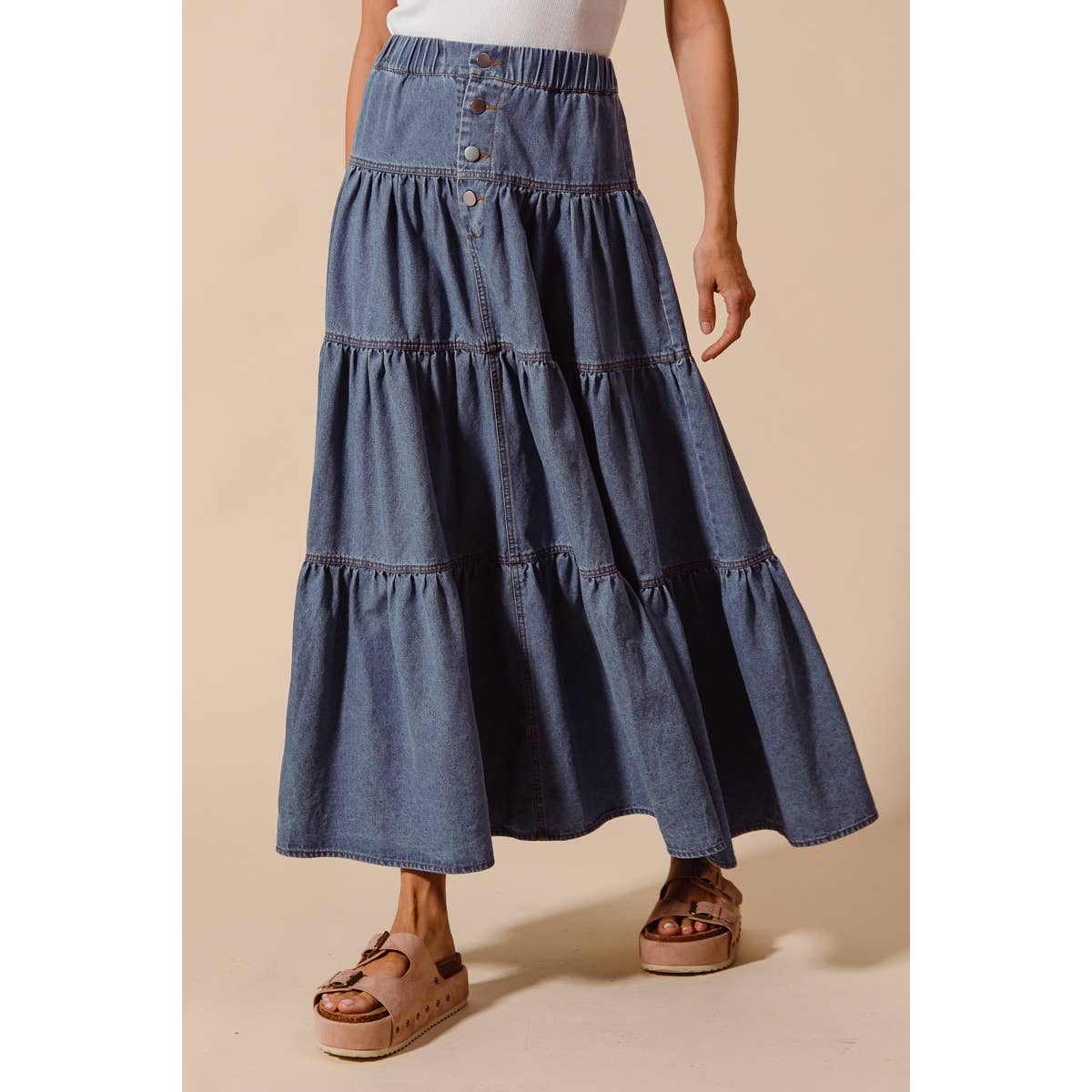 Shirred Denim Maxi Skirt