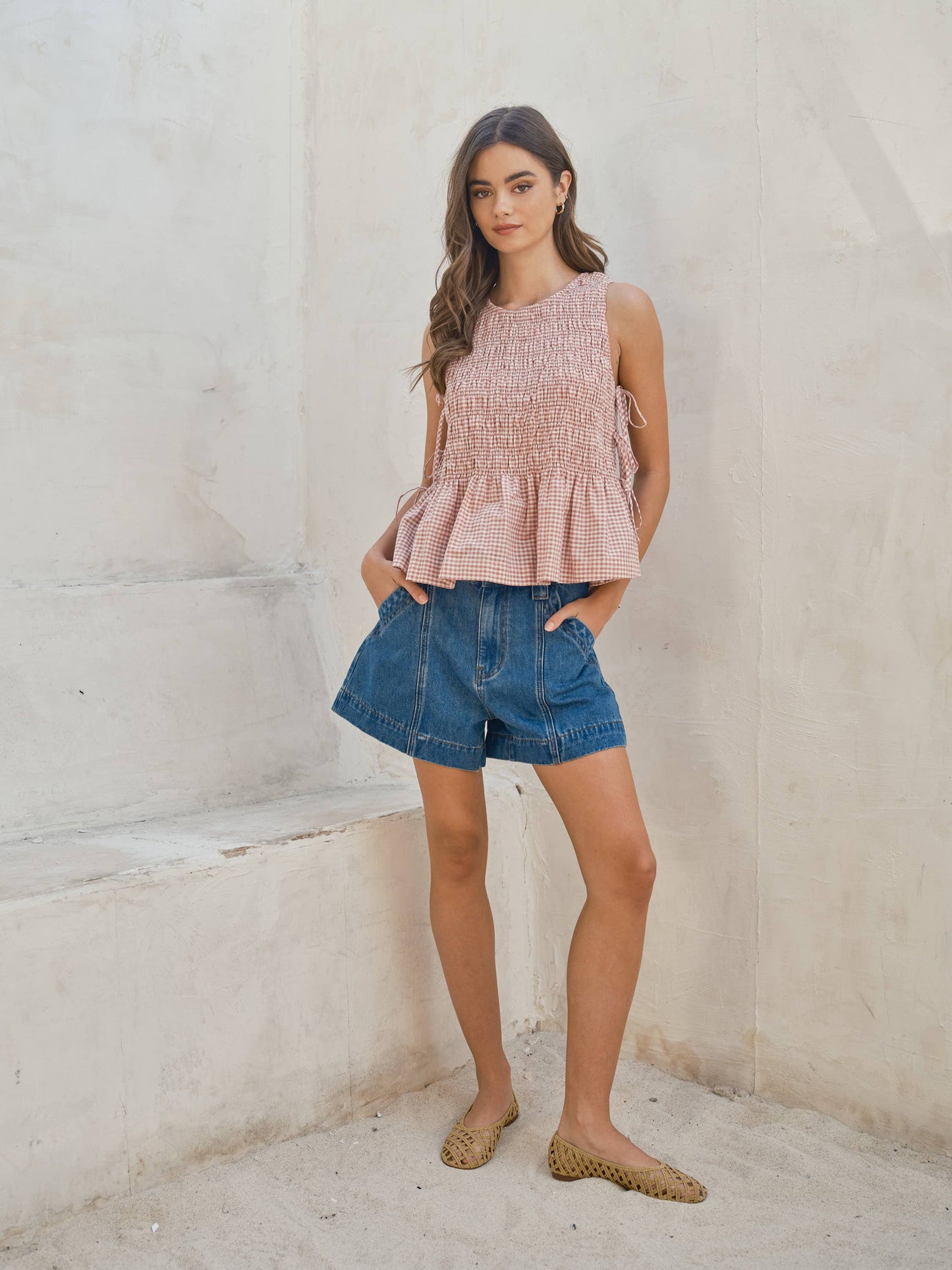 Sleeveless Denim Smocked Tie Top