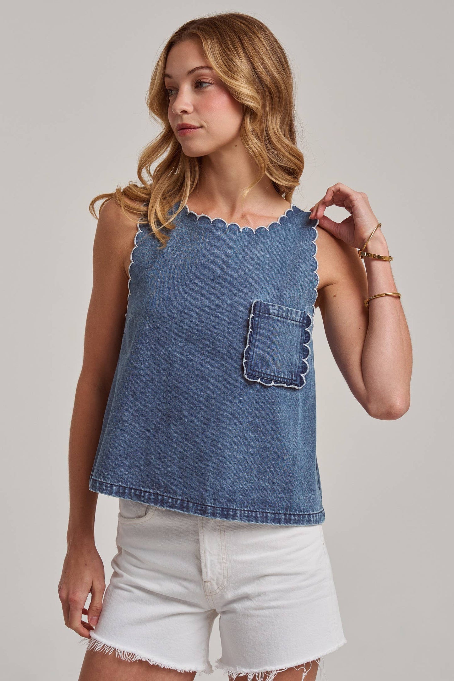 Washed Denim Sleeveless Top with Scalloped Edge Detail