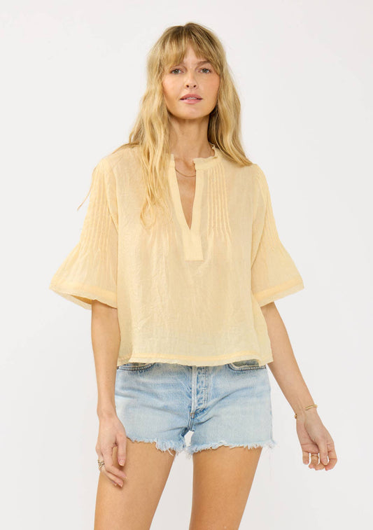 Short Sleeve Split-Neck Pintuck Top 