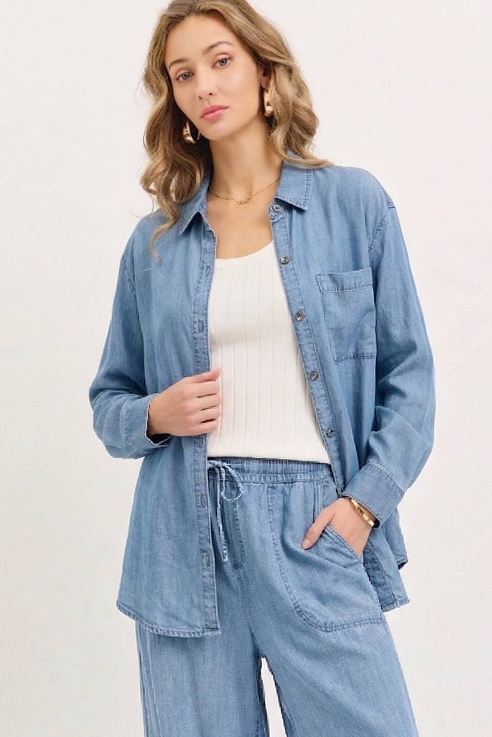 Chambray Wide Leg Classic Pants