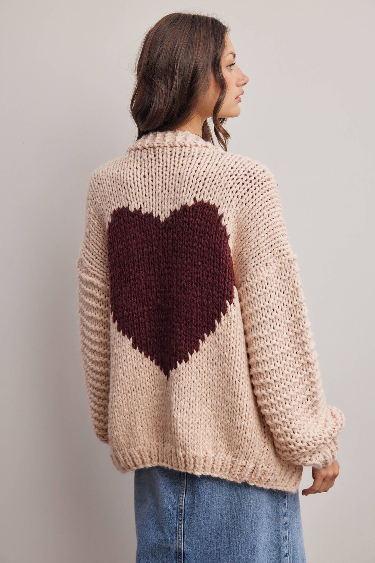 Chunky Knit Heart Back Cardigan in Blush