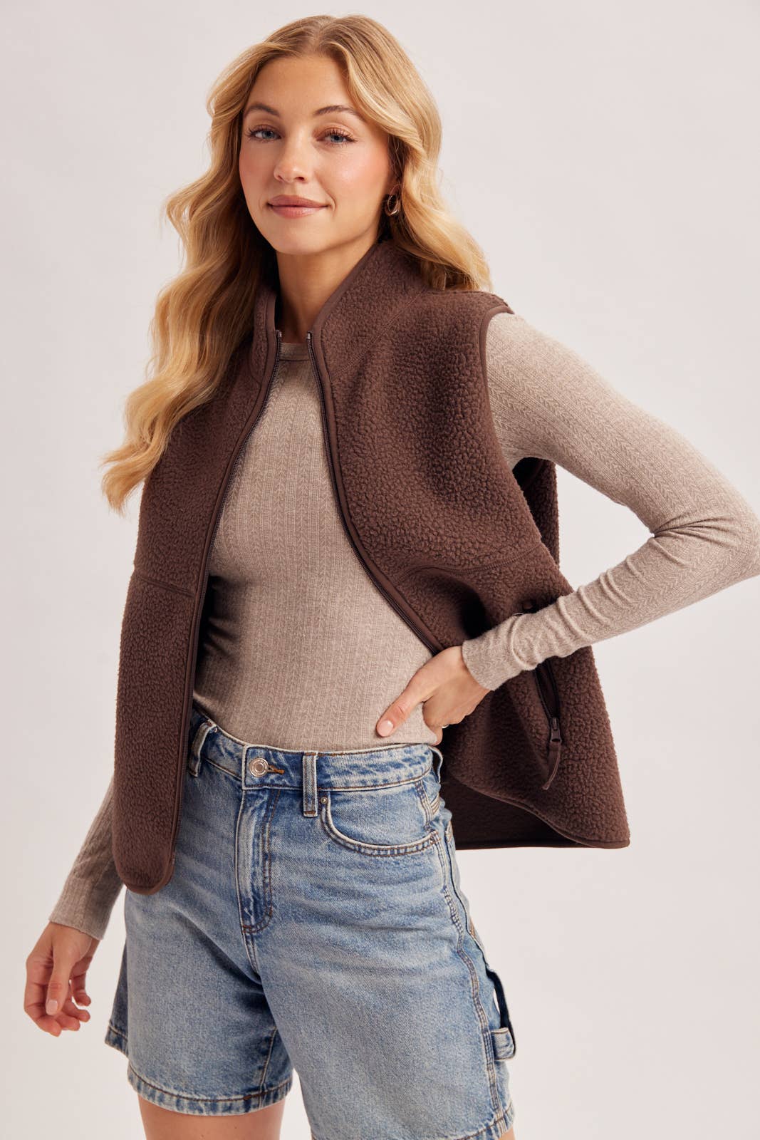 Sherpa Fleece Zipper Fron Opening, Mock Neck Vest