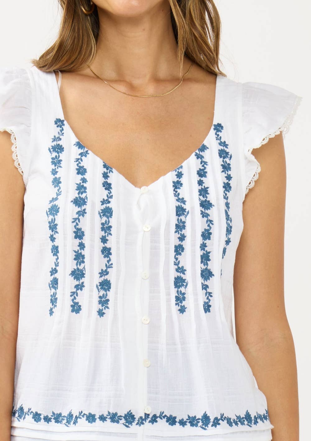 Ruffle Sleeve Embroidered Pintuck Top