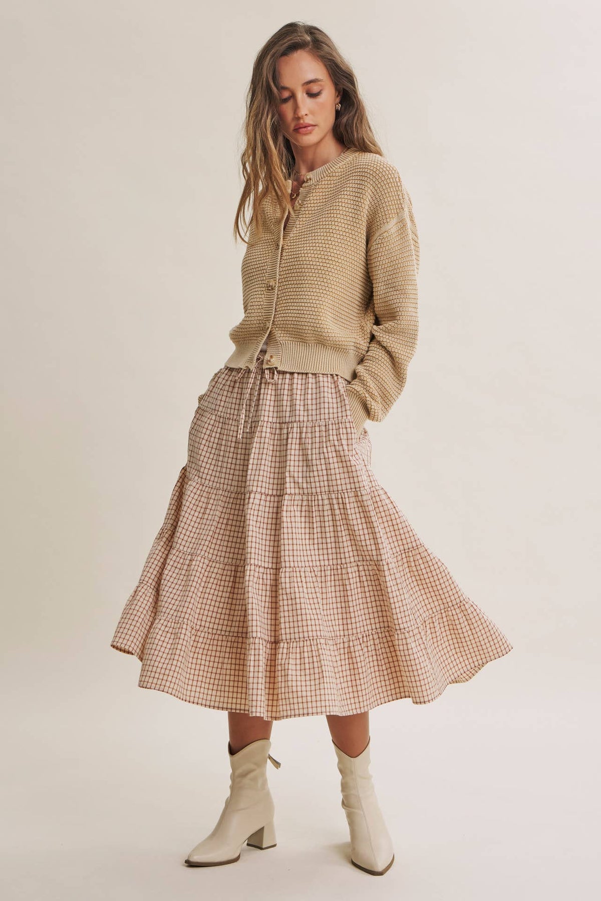 Cream Mineral Washed Waffle Cardigan