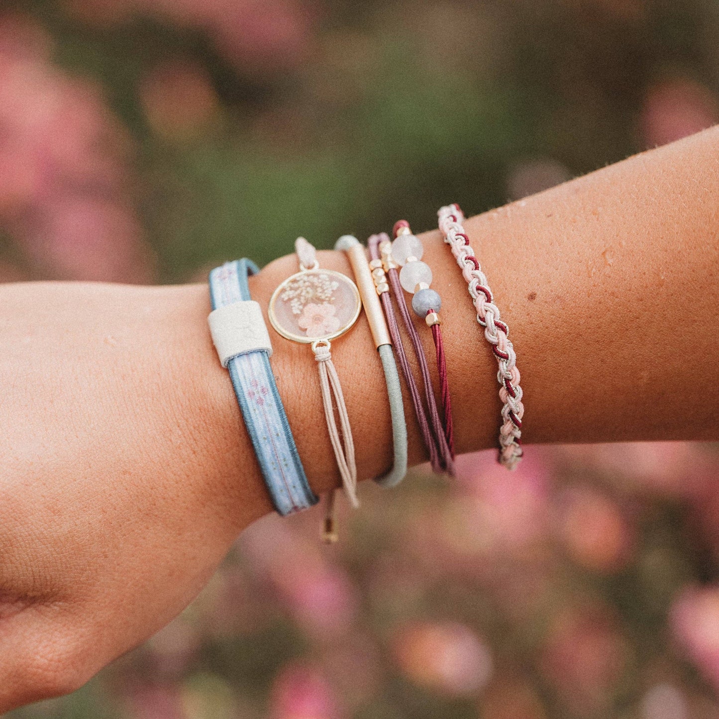 "Bloom" Maroon and Pink with Pressed Flowers Hair Tie Bracelets 