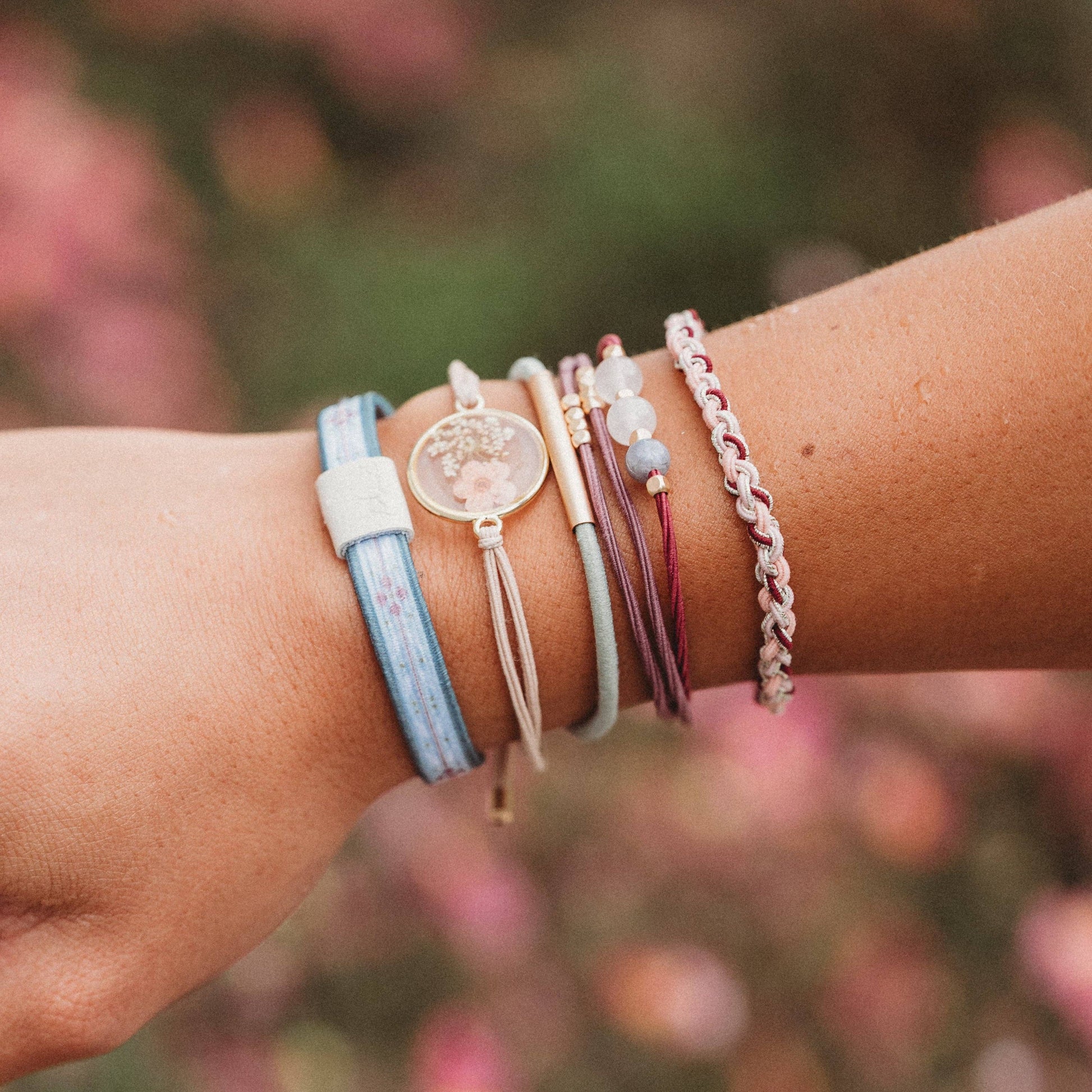 "Bloom" Maroon and Pink with Pressed Flowers Hair Tie Bracelets 