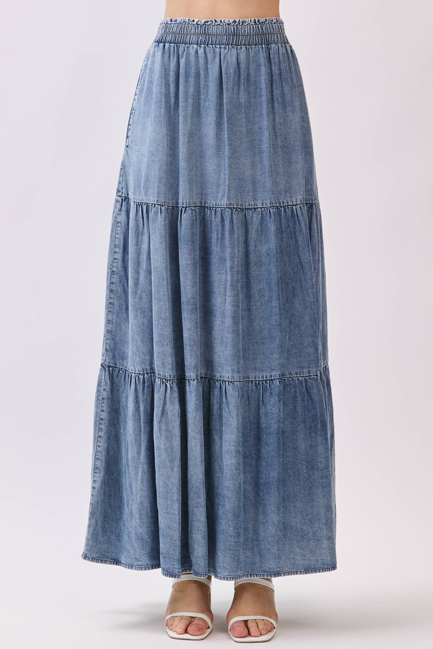 Washed Denim Tiered Maxi Skirt