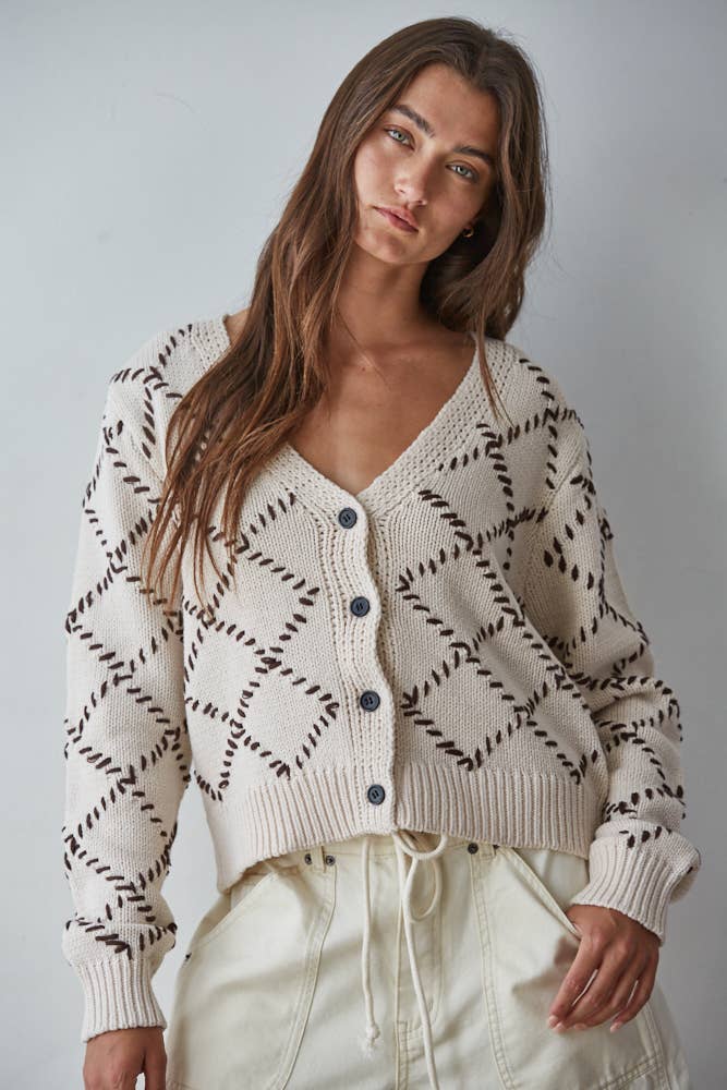 Knit Sweater Diamond Stitch Detail Cardigan