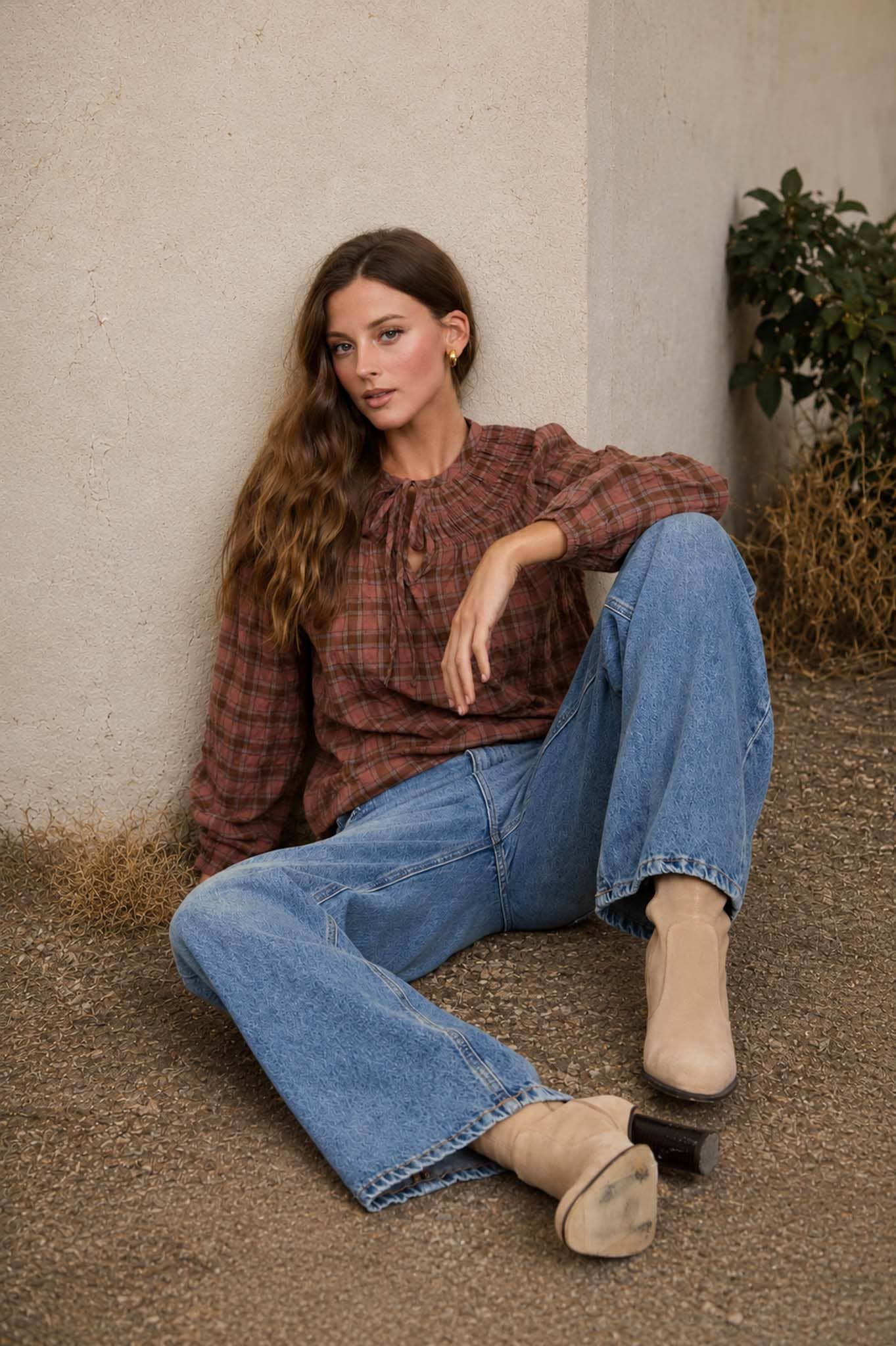 Plaid Shirred Yoke Long Sleeve Top