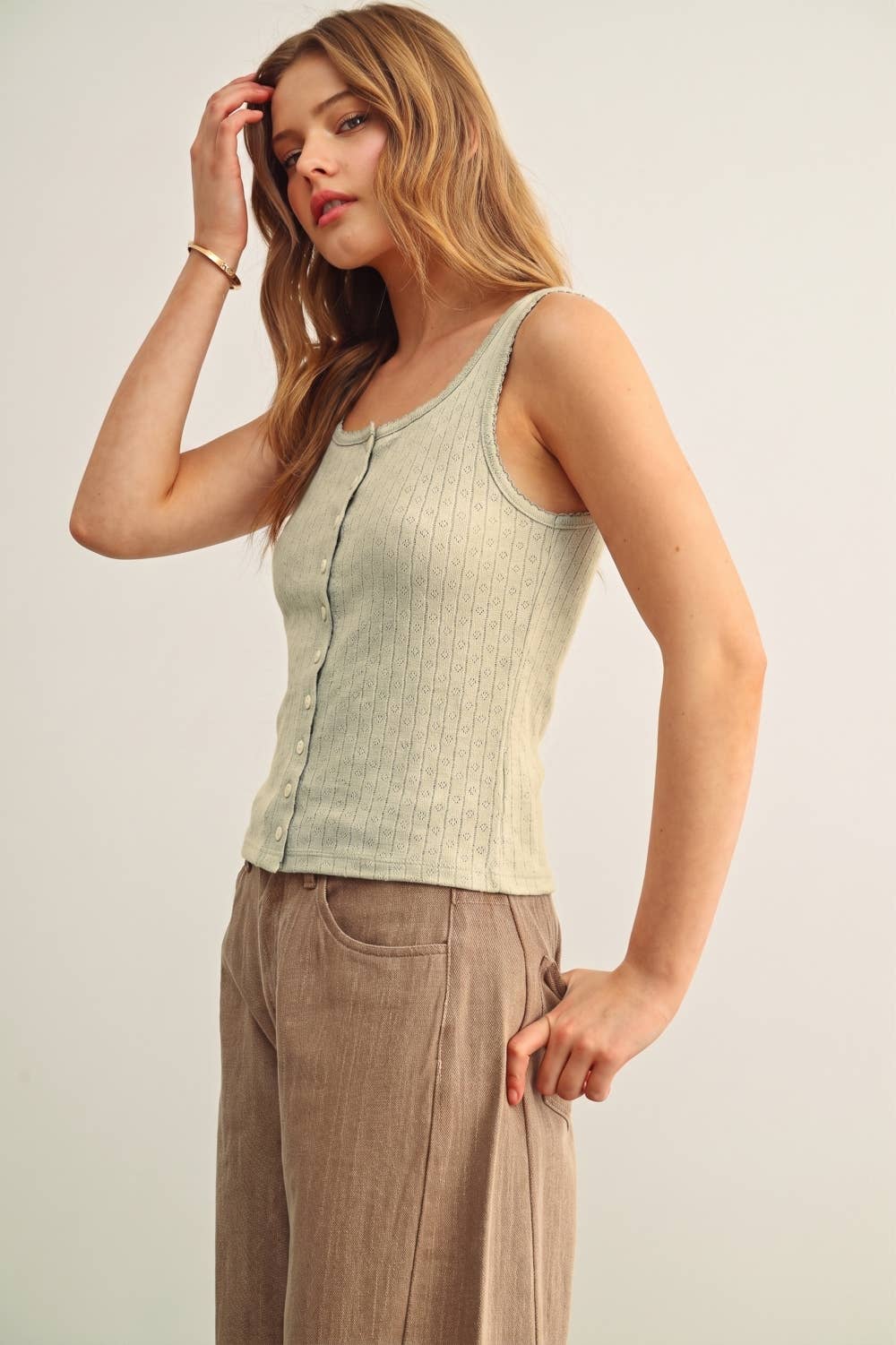 Pointelle Button Up Tank 