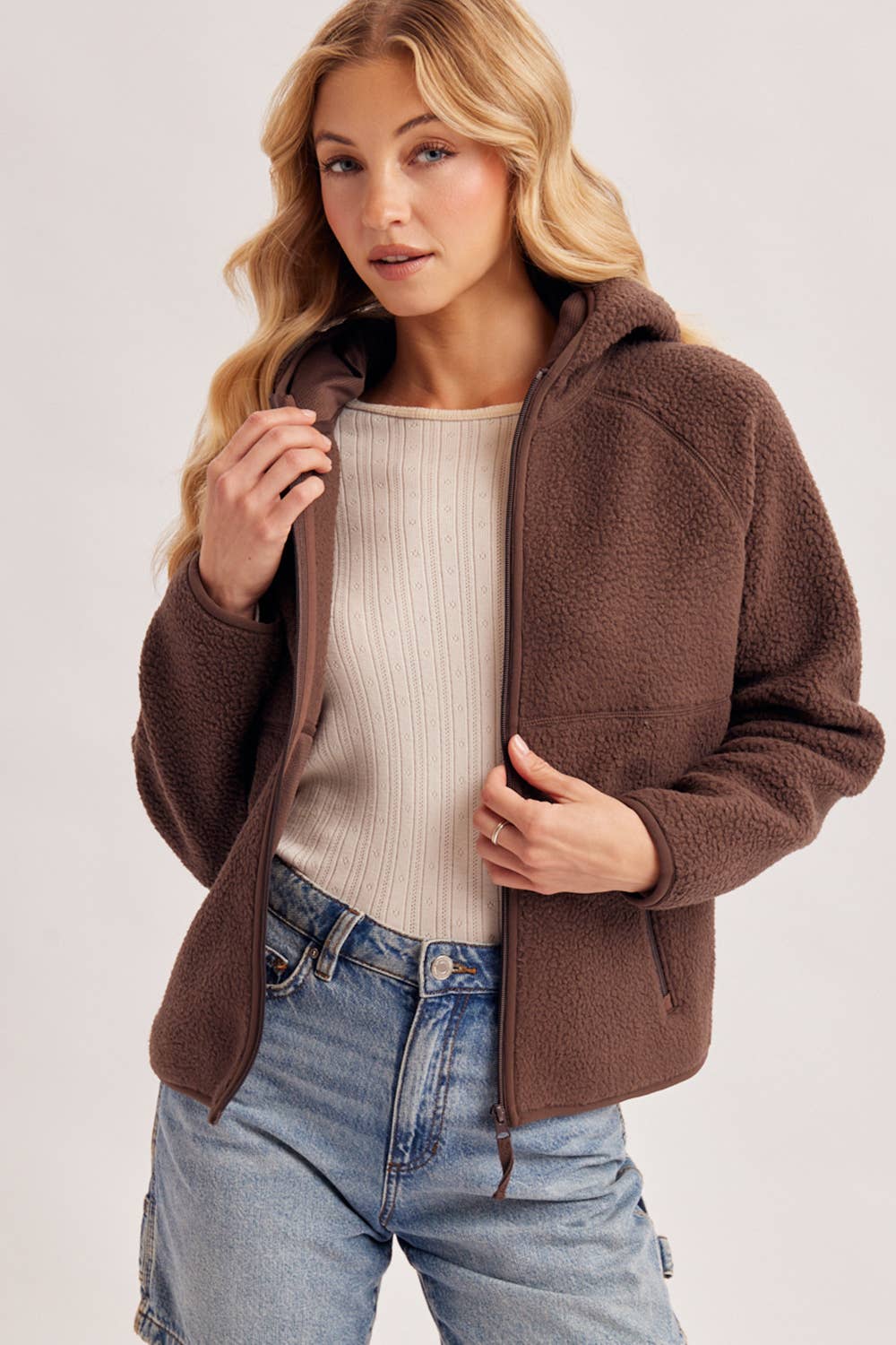Fleece Sherpa Hoodie Jacket, Zipper Front