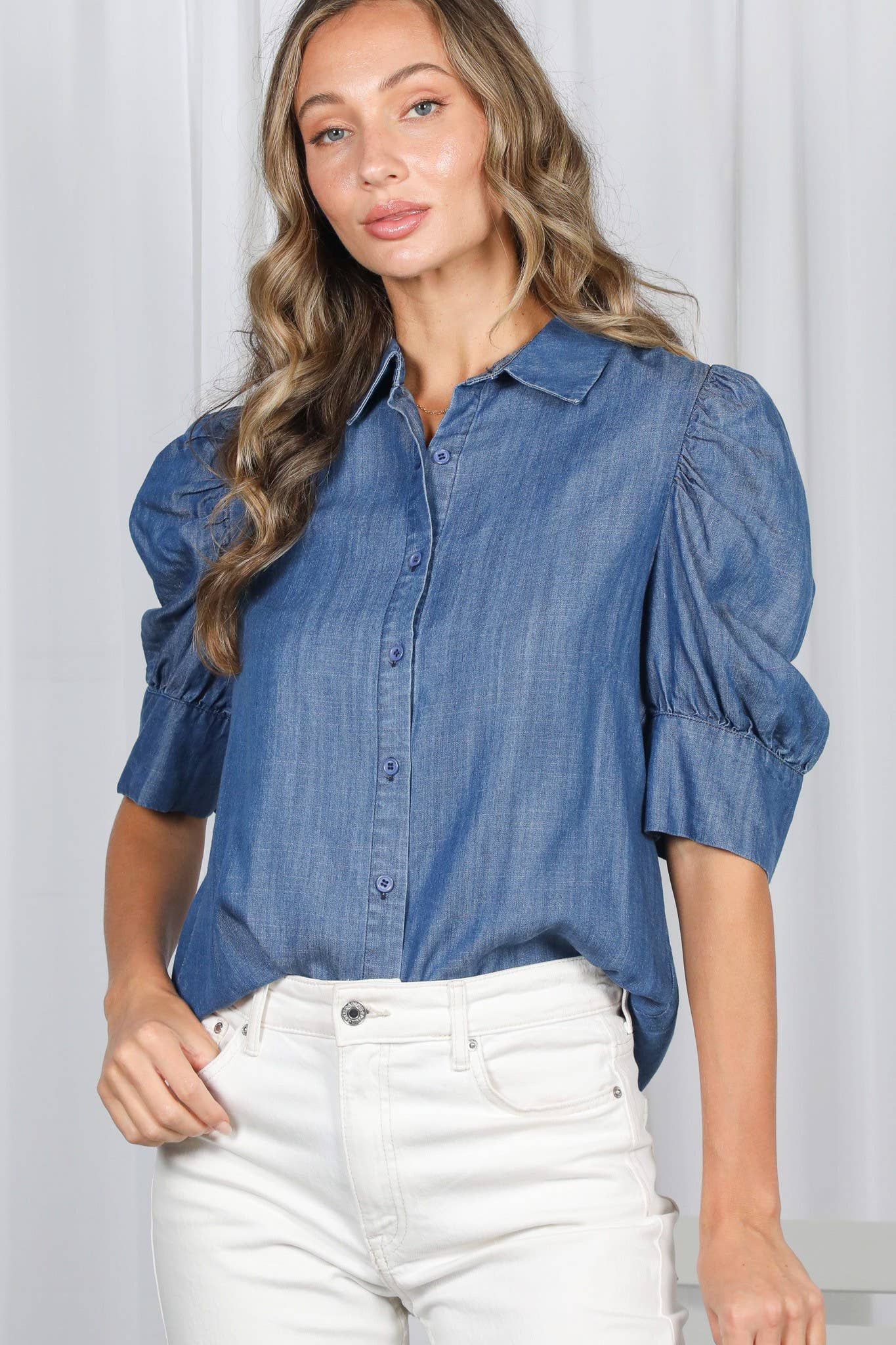 Collared Puff-Sleeve 100%Tencel Chambray Denim Shirt
