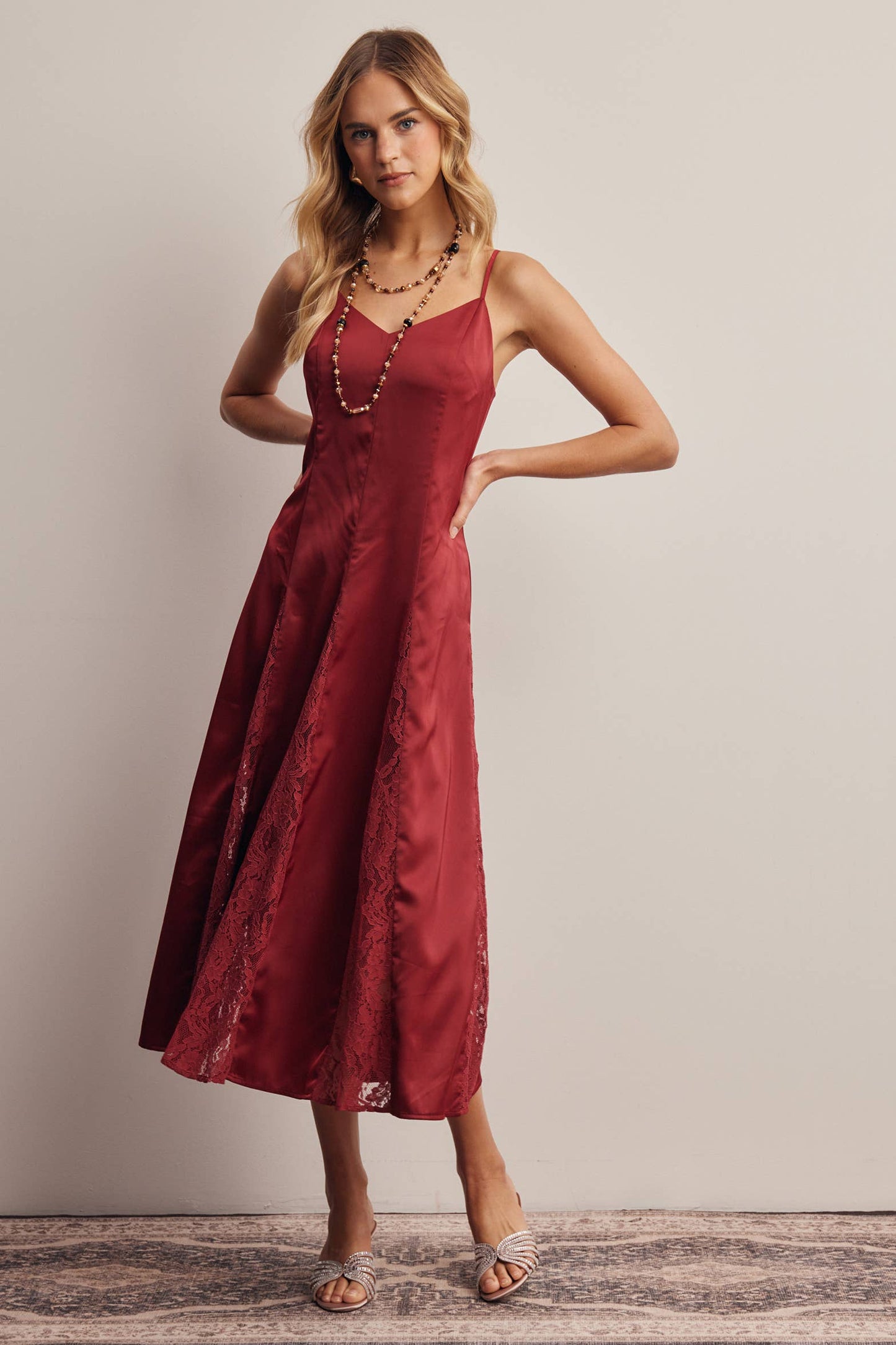 Lace Panel Satin Slip Midi Dress
