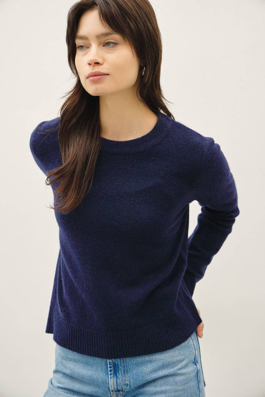 Indigo Wool Blend Basic Crew Neck Sweater