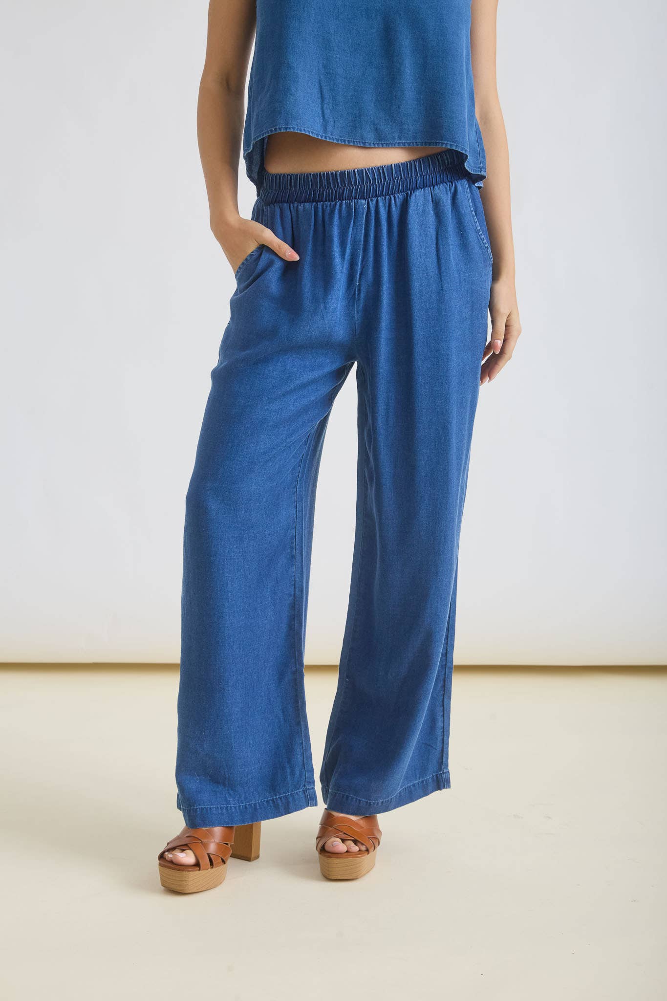 Chambray High Waist Wide Leg Pants 