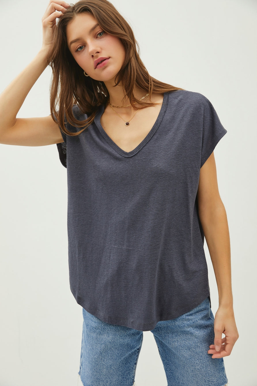 Charcoal Raw Edge V-neck Tee