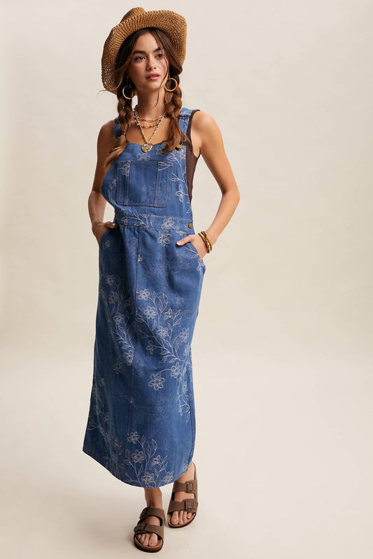Floral Embroidered Denim Overall Dress