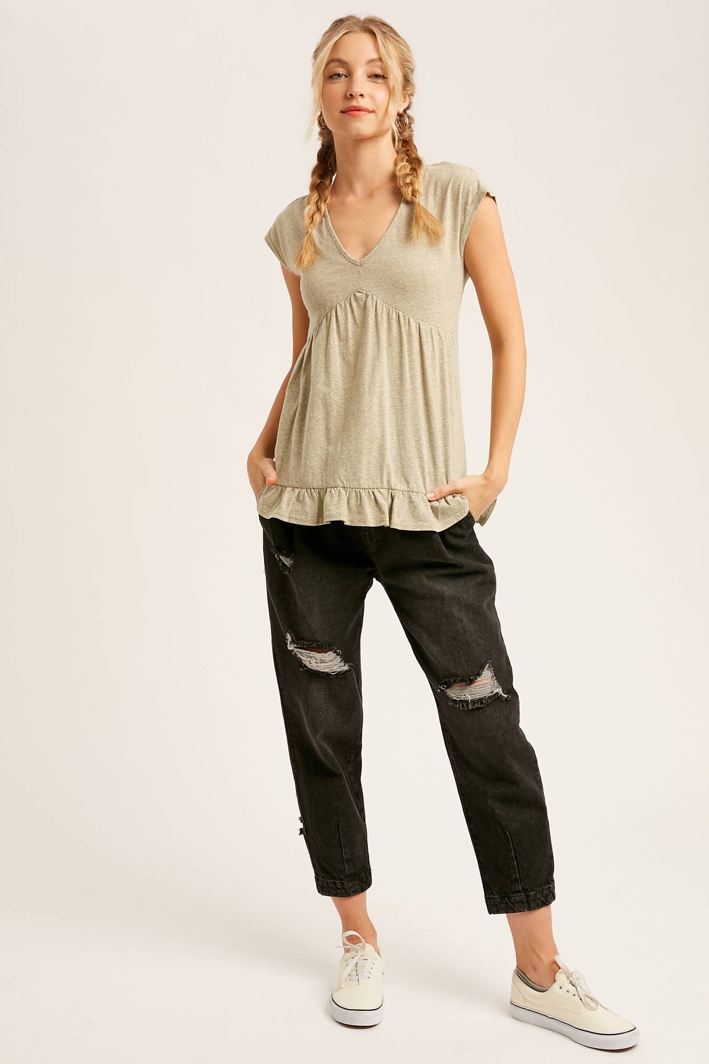 V-Neck Ruffle Hem Babydoll Top