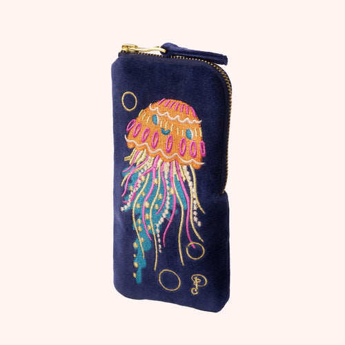 Jellyfish Embroidered Velvet Sunglass Pouch Powder Design