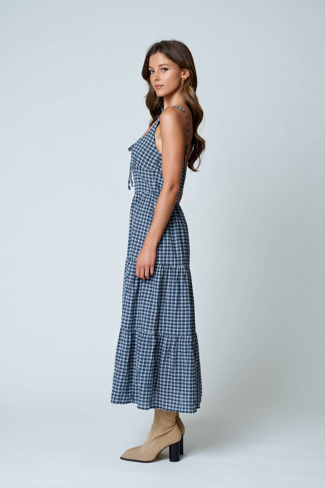 Navy Plaid Corset Tiered Midi Dress