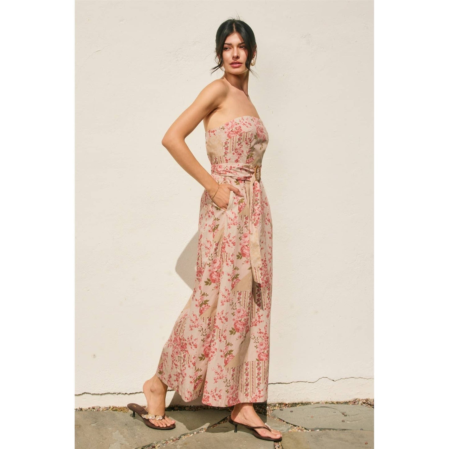 Floral Scarf Rattan Belt Strapless Maxi Dress