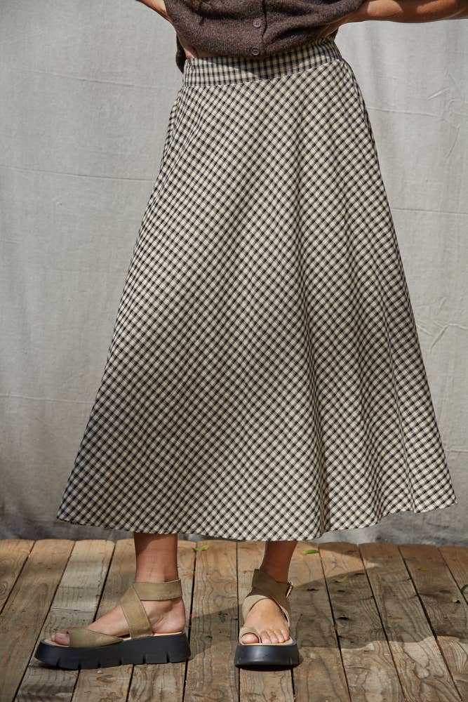 Woven Cotton Polyester Gingham Flare Midi Skirt