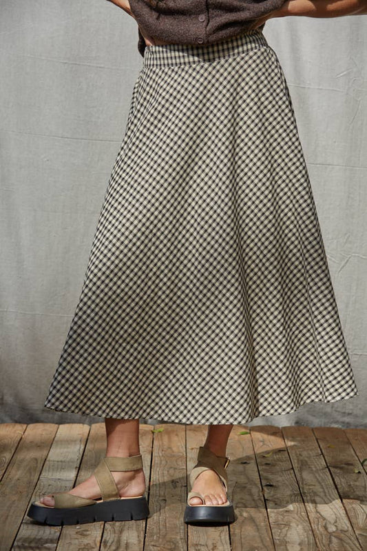 Woven Cotton Polyester Gingham Flare Midi Skirt