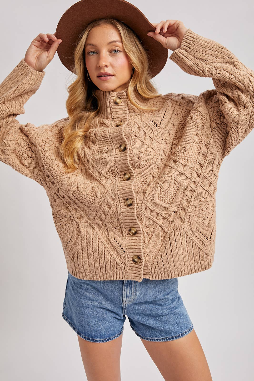 Button Down Mock Neck Cable Knit Cardigan, Sweater