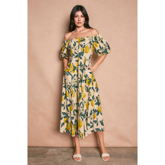 Vintage Lemonade Off The Shoulder Midi Dress