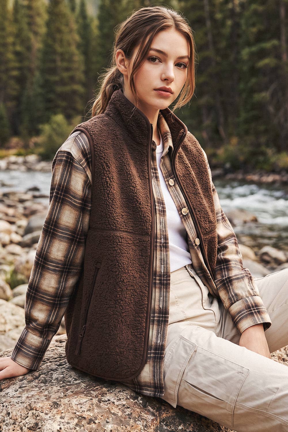 Sherpa Fleece Zipper Fron Opening, Mock Neck Vest