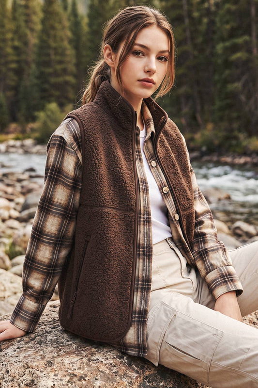 Sherpa Fleece Zipper Fron Opening, Mock Neck Vest