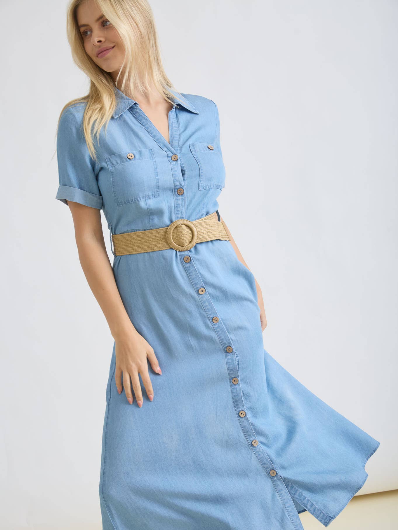 Collared Button Down Cuff Sleeve Belted Midi Dress 