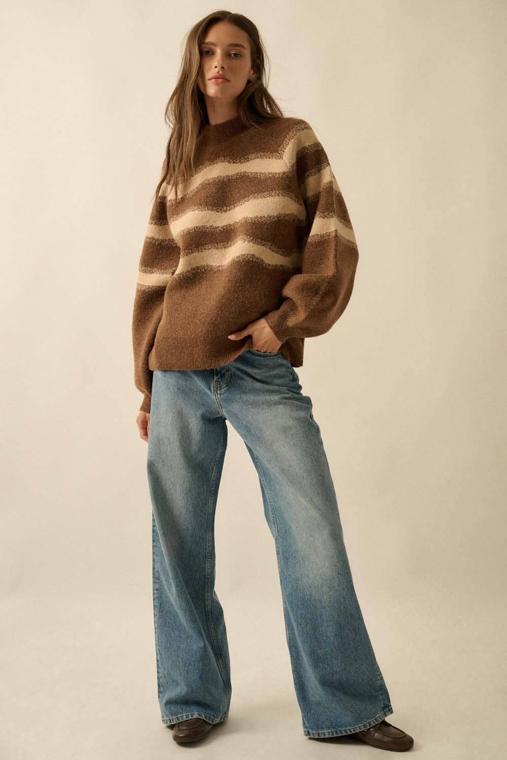 Striped Jacquard-Knit Bubble-Sleeve Sweater